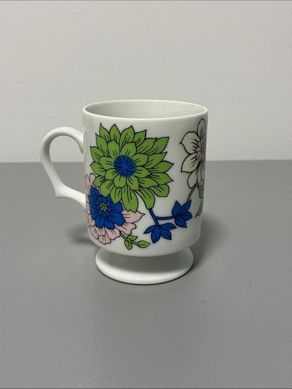 Floral Ceramic Footed Mug in White with Blue, Pink & Green Flowers